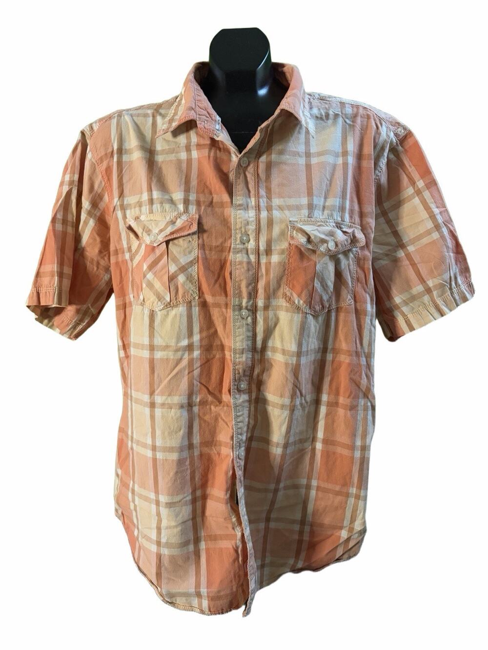 PD&C Plaid Button Down Shirt Men’s XL Orange Peach Shirt Sleeve Cotton Casual